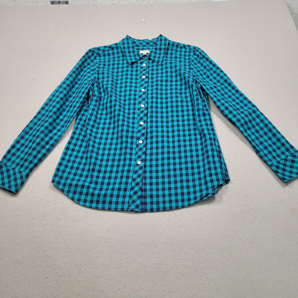 Talbots Womens Small Teal Blue‎ Navy Gingham Check Cotton Button Down Shirt